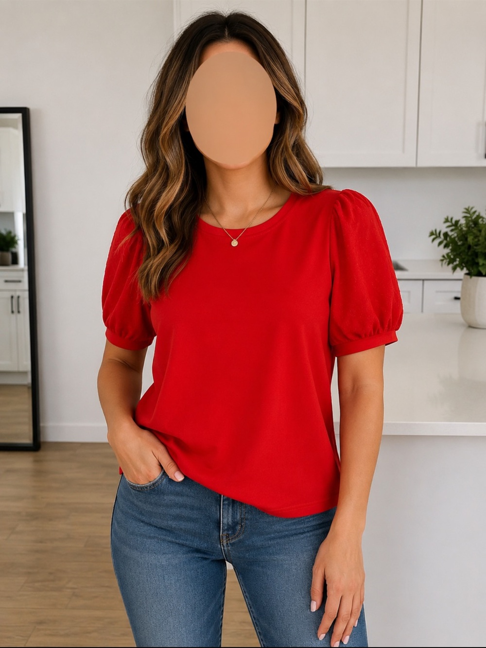 CeCe Red Puff Sleeve Crewneck Tee